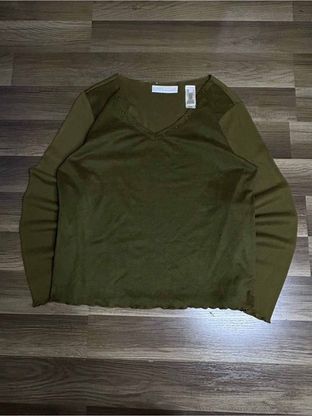 Liz Claiborne Olive Green V-Neck Long Sleeve Top with Stud Detail